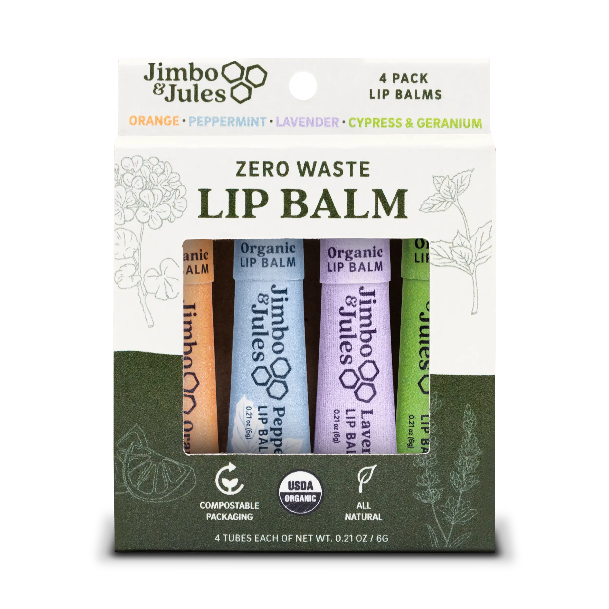 Packaging for zero waste compostable lip balm citrus peppermint lavender cypress geranium