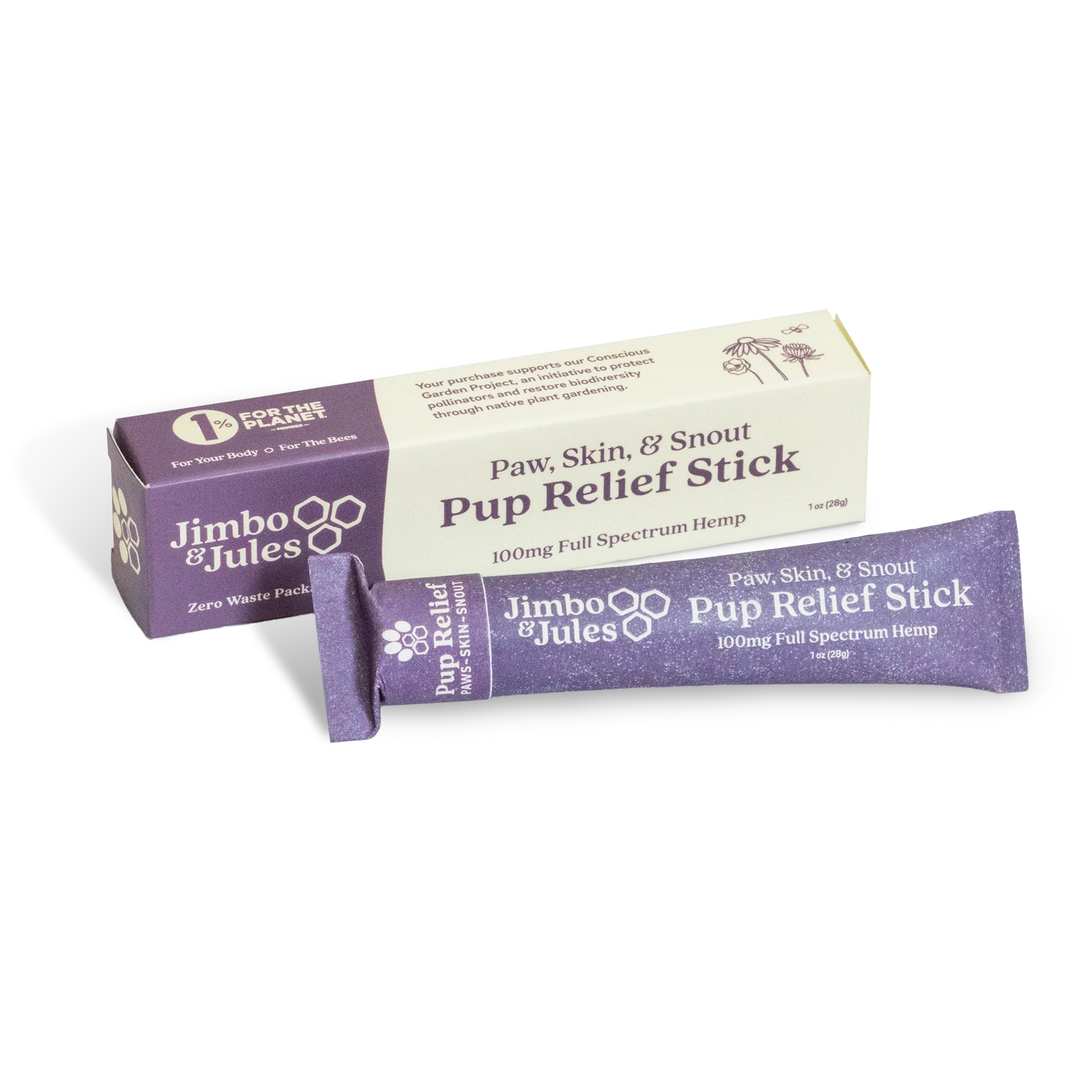 Jimbo & Jules Paw Skin & Snout Pup Relief Stick packaging on a white background