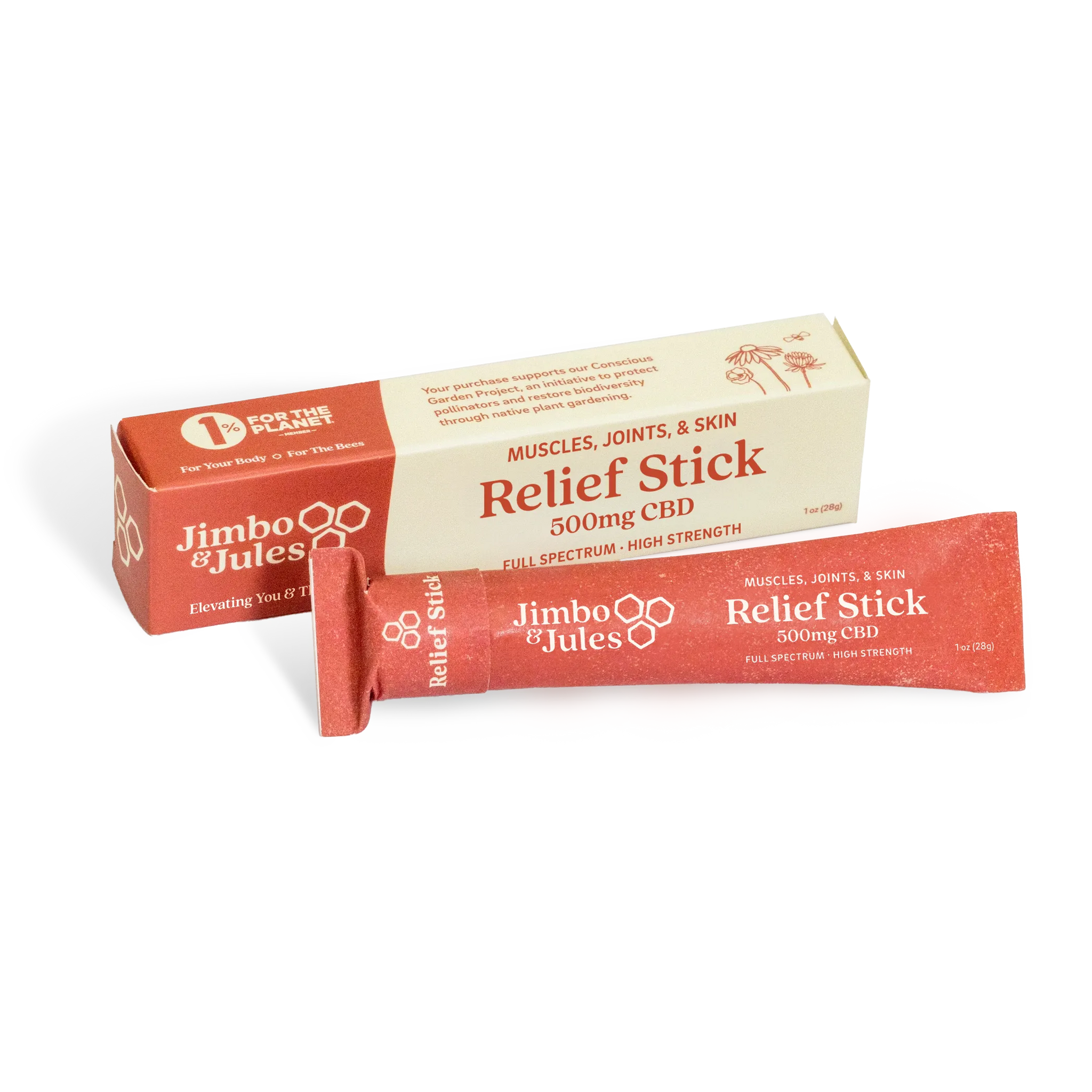 Jimbo & Jules Relief Stick packaging for pain, muscles, joints, skin. Zero waste packaging.