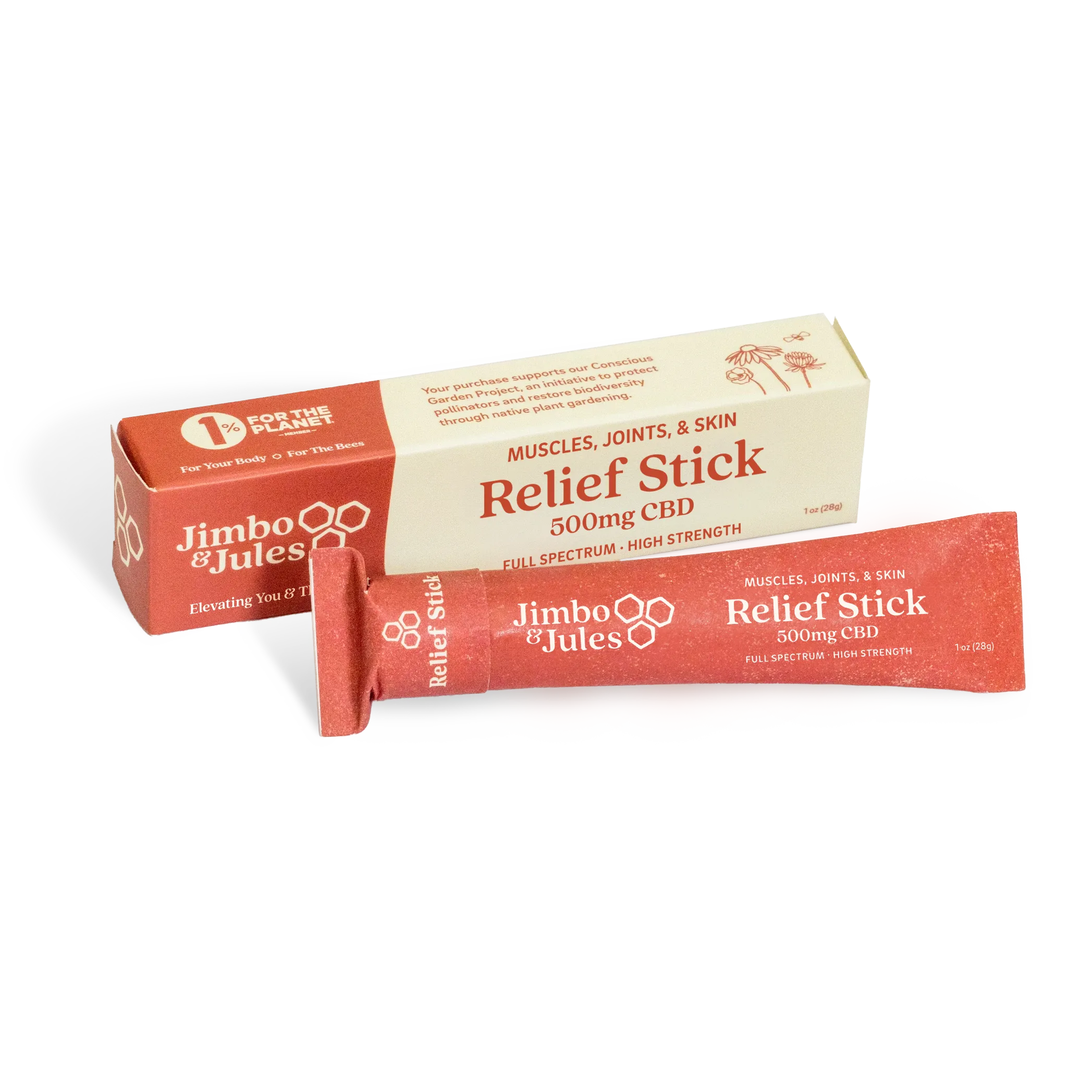 Jimbo & Jules Relief Stick packaging for pain, muscles, joints, skin. Zero waste packaging.