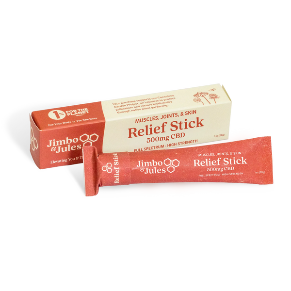 Jimbo & Jules Relief Stick packaging for pain, muscles, joints, skin. Zero waste packaging.