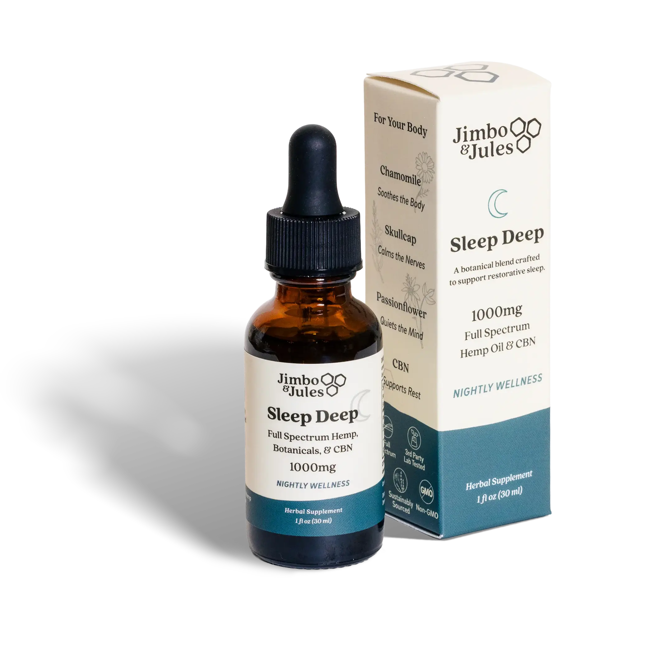 Dropper bottle and box of sleep deep full spectrum hemp with CBN