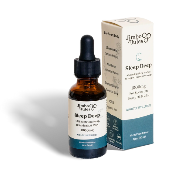 Dropper bottle and box of sleep deep full spectrum hemp with CBN